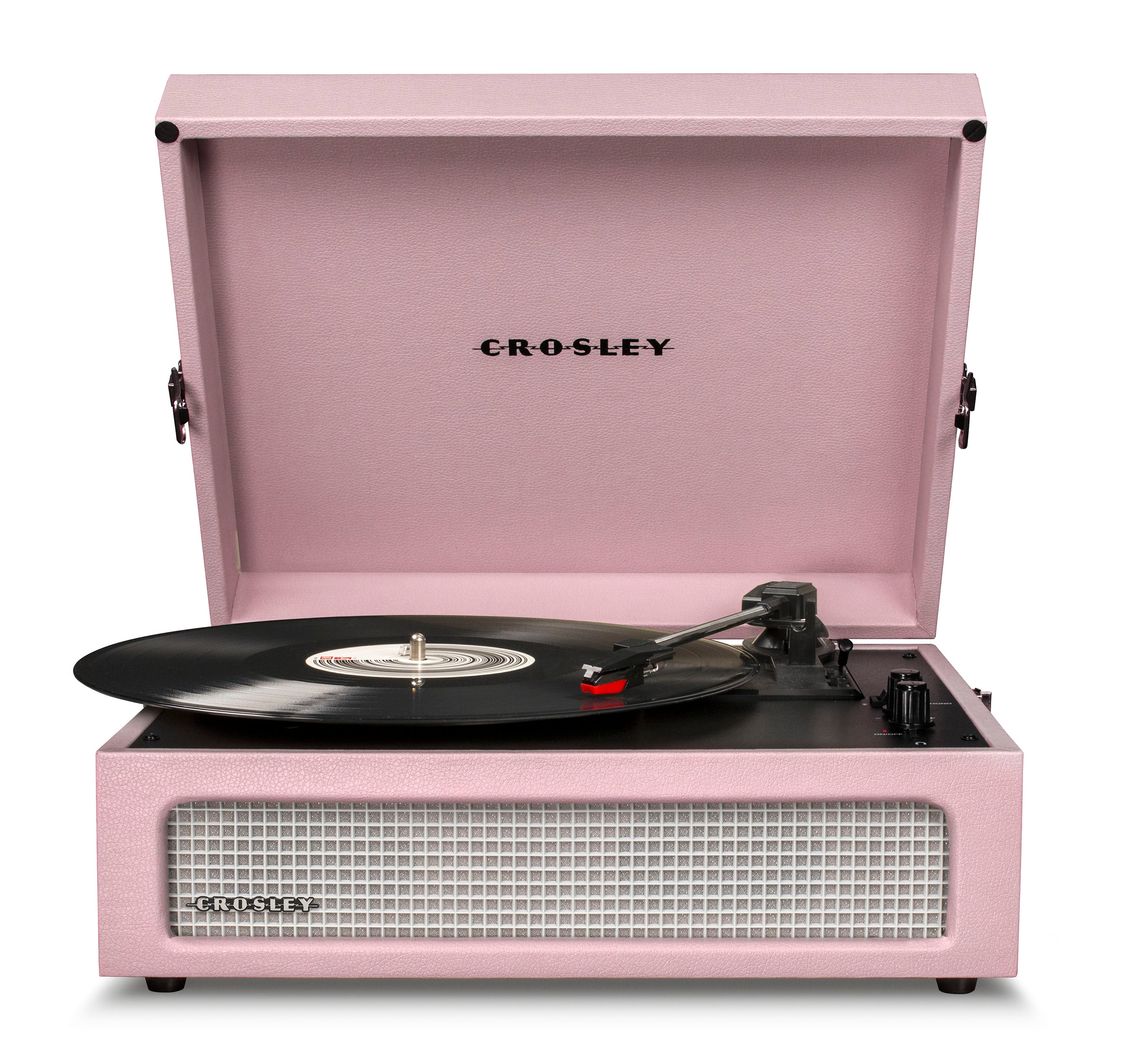 Crosley Voyager Amethyst - Bluetooth Portable Turntable in a dusty pink colour with a suitcase-style design, featuring a record on the turntable and the Crosley brand visible on the top.