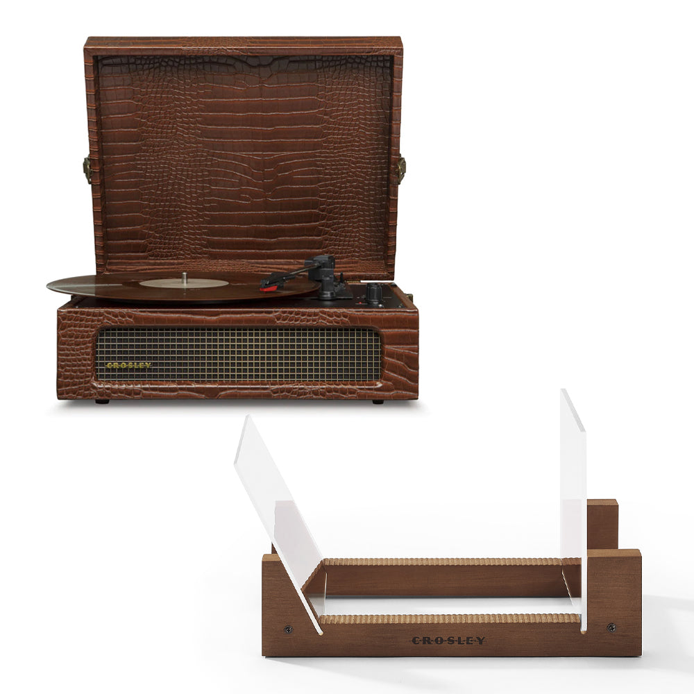 Crosley Voyager Brown Croc - Bluetooth Portable Turntable, displayed with a brown Crosley Record Storage Display Stand.
