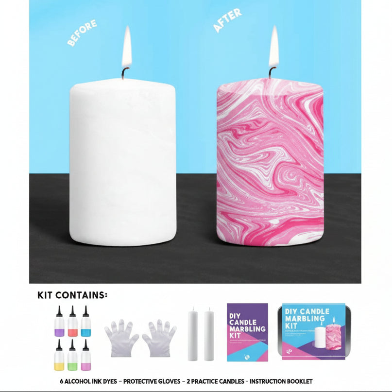 The DIY Candle Marbling Kit – Kids & Family Colour Craft Set with 6 Inks, Practice Candles & Gloves featuring a before and after comparison of a white candle turned pink marble with a candle making kit below.
