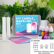 The DIY Candle Marbling Kit – Kids & Family Colour Craft Set with 6 Inks, Practice Candles & Gloves featuring candles, bottles, and materials on a table.