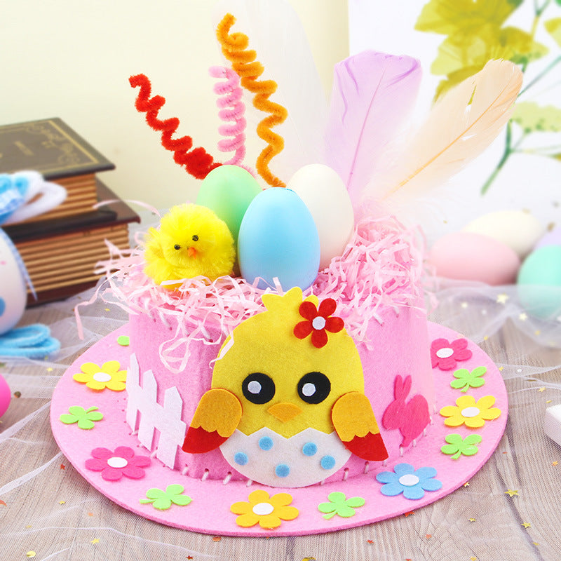The DIY Easter Hat Craft Kit – Pink Decoration Set with Accessories a colourful Easter-themed hat with chicks and eggs.