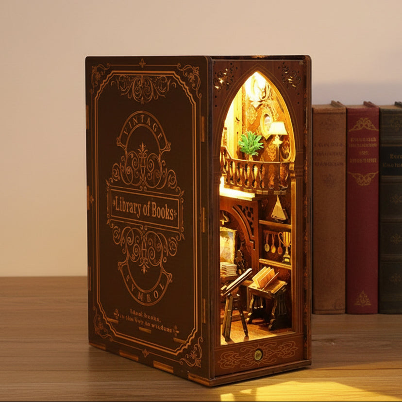 The DIY Miniature Book Nook Kit – Vintage Library Wooden Bookend with LED Lights