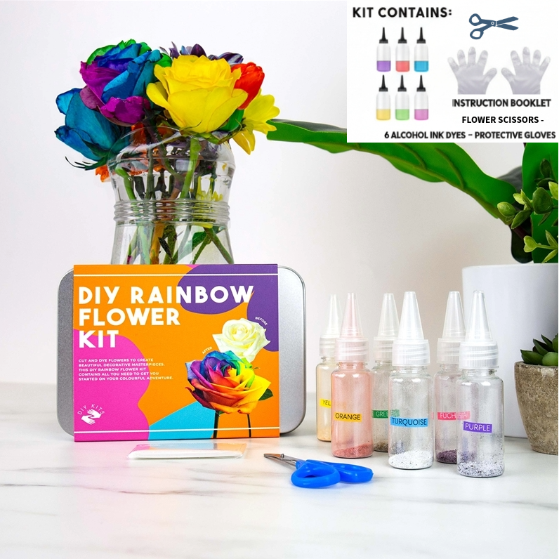 The DIY Rainbow Flower Dye Kit – Kids & Family Colour Craft Set with 6 Inks, Gloves & Flower Scissors featuring dye materials and colourful flowers on a white background.