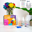 The DIY Rainbow Flower Dye Kit – Kids & Family Colour Craft Set with 6 Inks, Gloves & Flower Scissors featuring dye materials and colourful flowers on a white background.