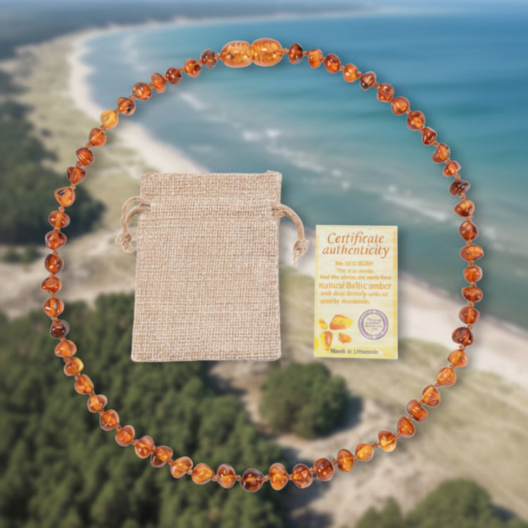 Dark Cognac Baltic Amber soothing necklace with a drawstring bag and certificate of authenticity 