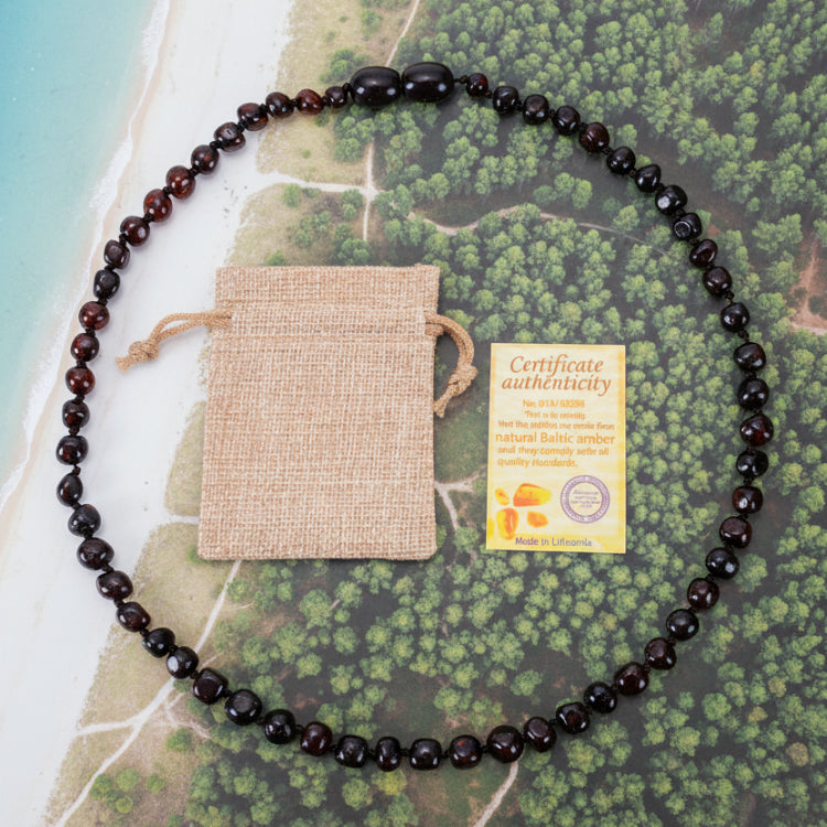 Deep Cherry Baltic Amber soothing necklace with a drawstring bag and certificate of authenticity 