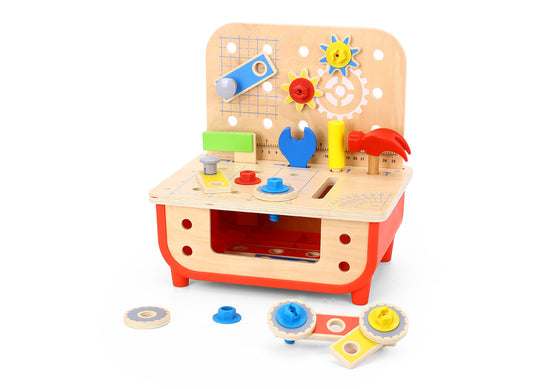 The Deluxe Compact Work Bench  for kids, featuring various wooden tools for play.