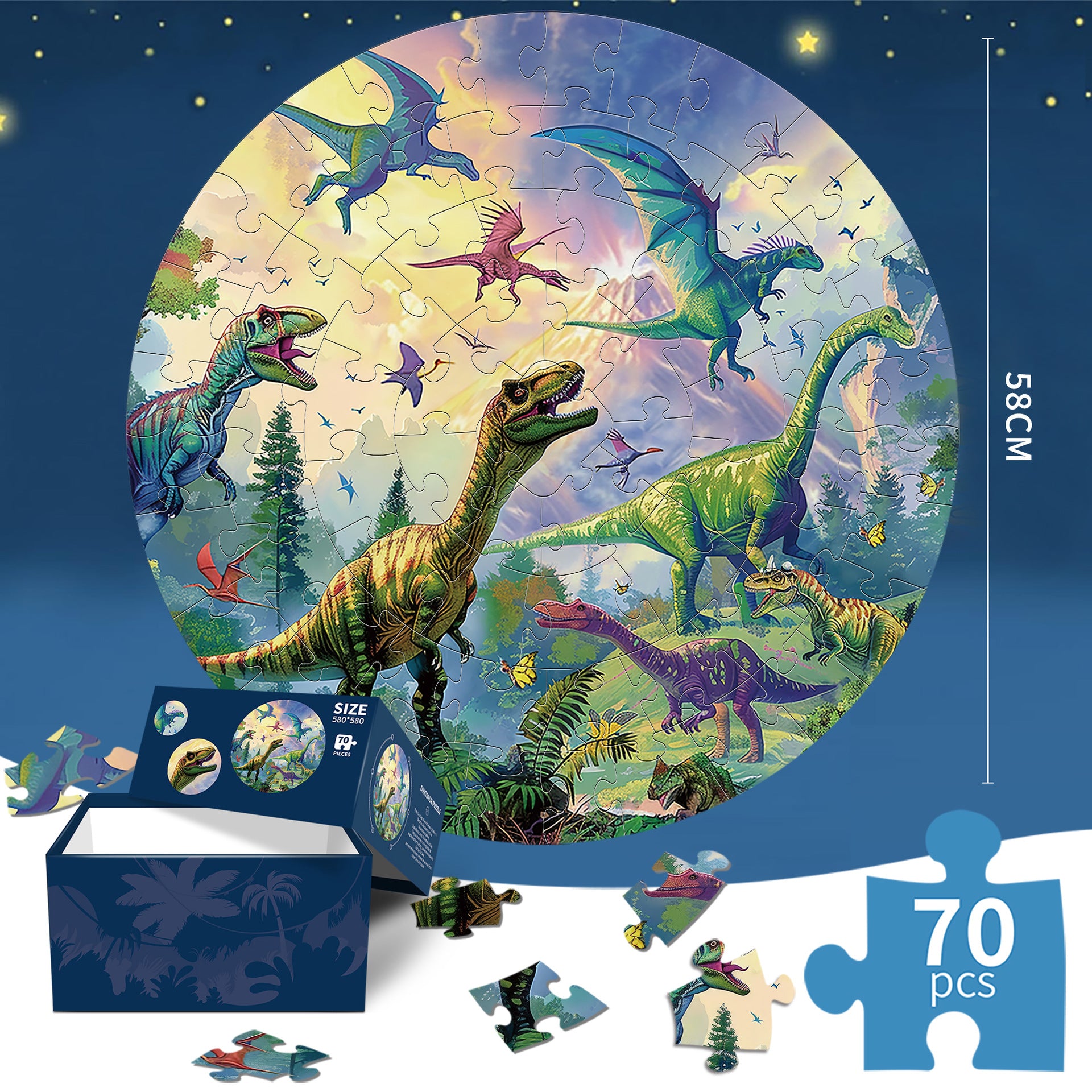Round 70 piece Dinosaur Jigsaw Puzzle set within a colourful Jurassic World theme