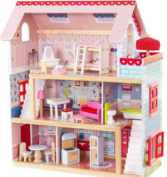A Dollhouse with Furniture, the Sweet Haven Cottage is a cozy 3-storey dollhouse with detailed furnishings and painted in a pretty pink and blue with red features, giving it a cozy cottage feel.