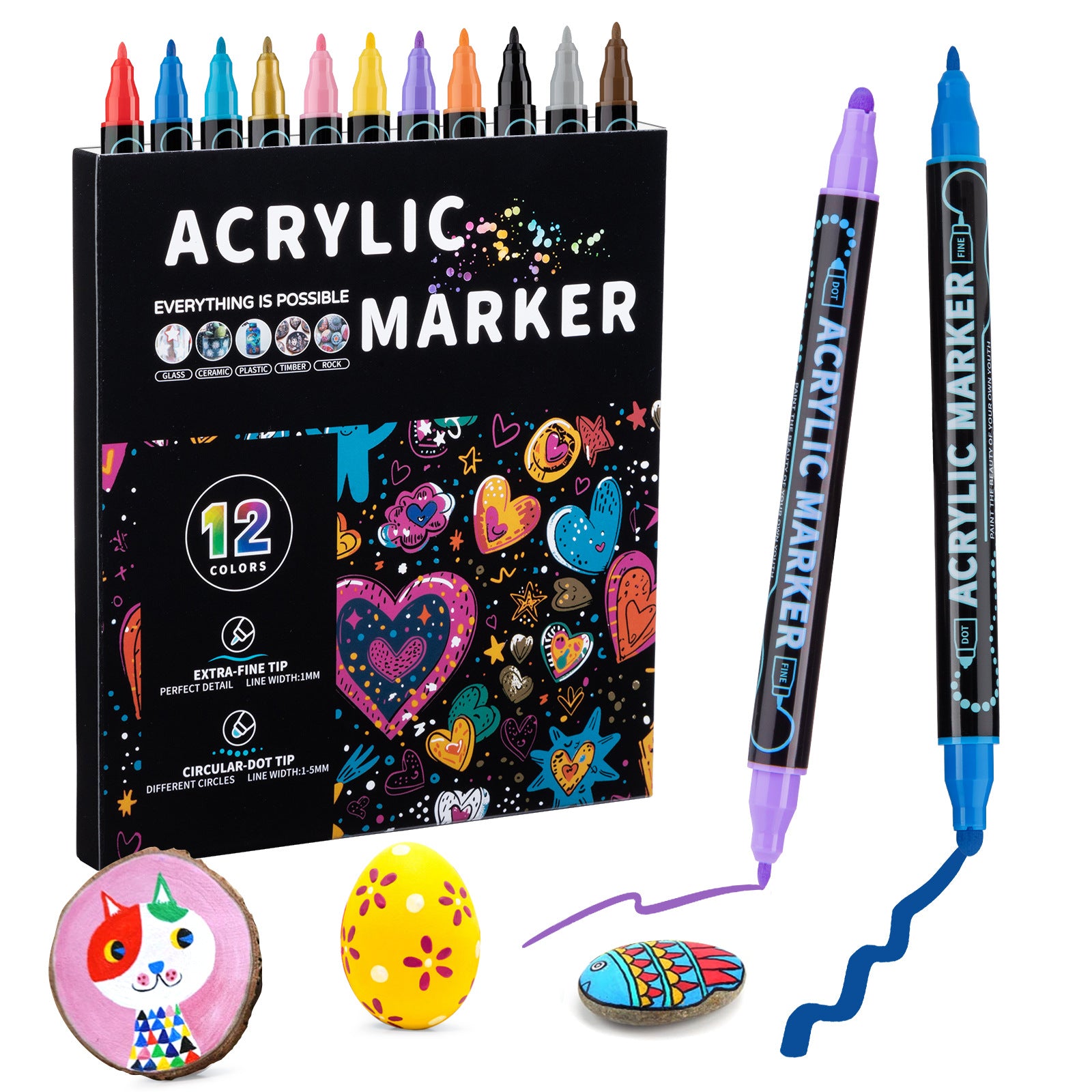 Featuring Dual-Tip Acrylic Marker Set - 12 Colours with sample art work