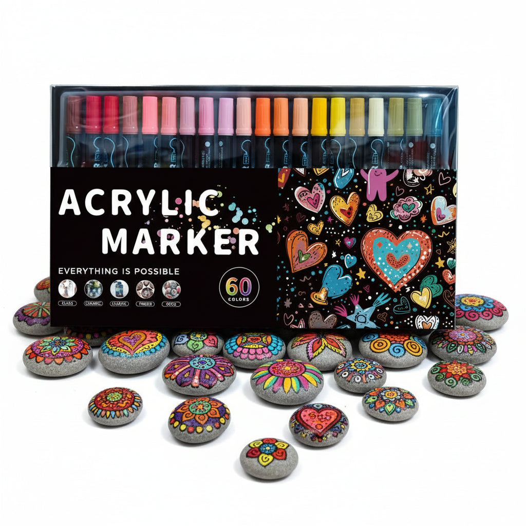 Featuring Dual-Tip Acrylic Marker Set - 60 Colours surrounded by rock art
