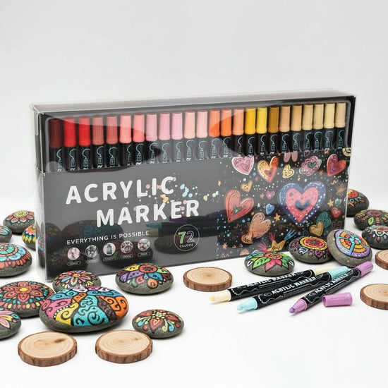 Featuring Dual-Tip Acrylic Marker Set - 72 Colours surrounded by rock art  and wood coasters