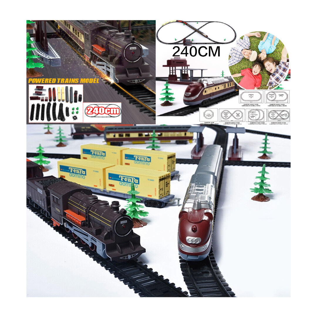 A classic-style electric train set with multiple train cars and tracks, set up to showcase the train's movement and track configuration. The train track is 240 cm and appears to be a life-like model, designed for play and educational purposes.