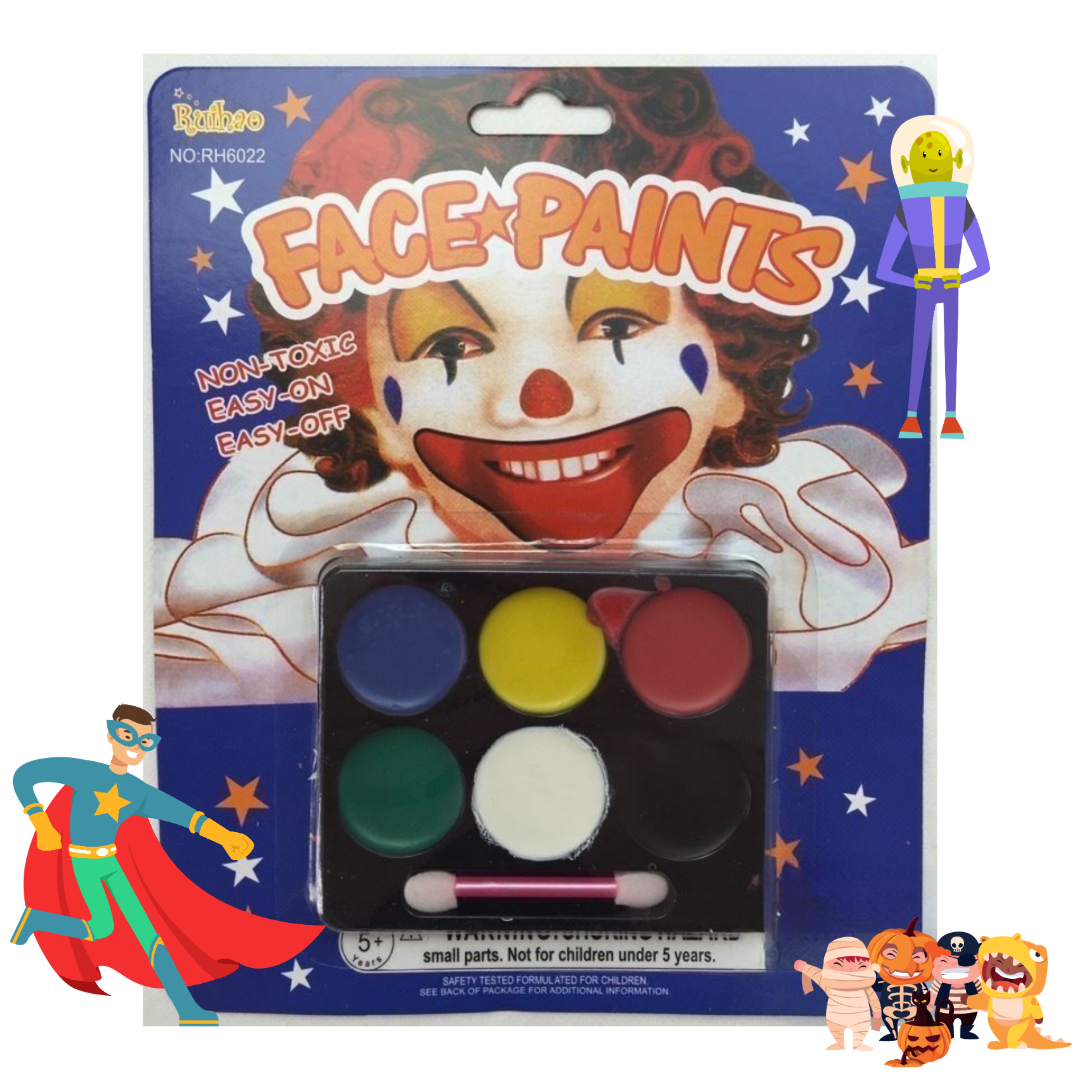 Face Paints for Costume Party, including red, blue, yellow, green, white, and black, with an illustration of a clown character on the packaging and a mixing paddle. The product is marketed for costume parties and creative face painting.