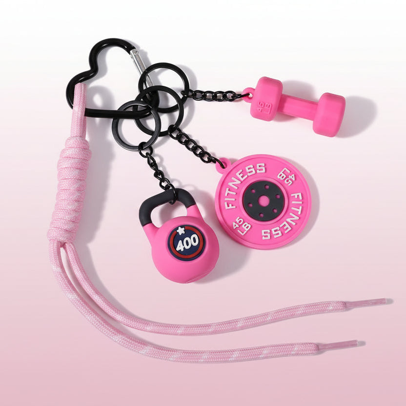 The Fitness Keychain for Women – Pink Dumbbell & Kettlebell Gym Bag Charm with Heart Clip for Workout Motivation.