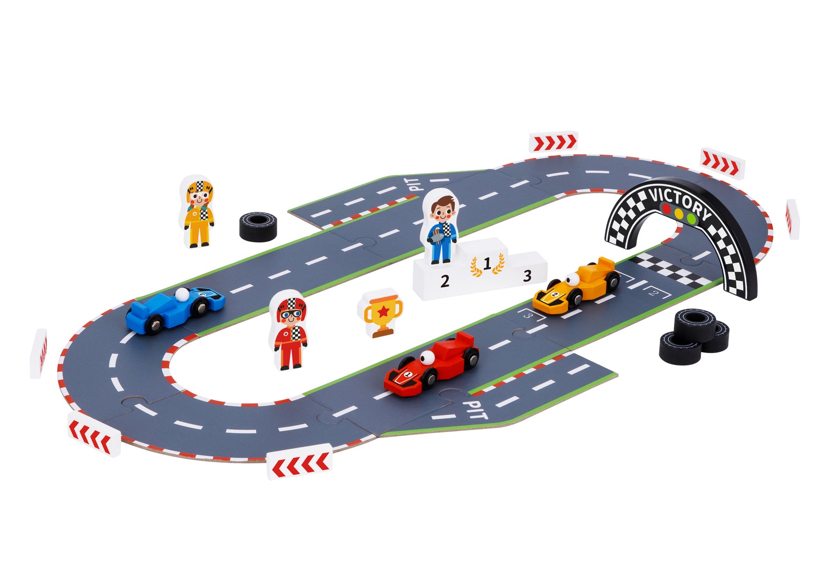 The Formula Racing Puzzle Play Mat, a colourful racing car play mat featuring a track, three wooden racing cars, and wooden cartoon figures enjoying the race.