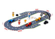 The Formula Racing Puzzle Play Mat, a colourful racing car play mat featuring a track, three wooden racing cars, and wooden cartoon figures enjoying the race.
