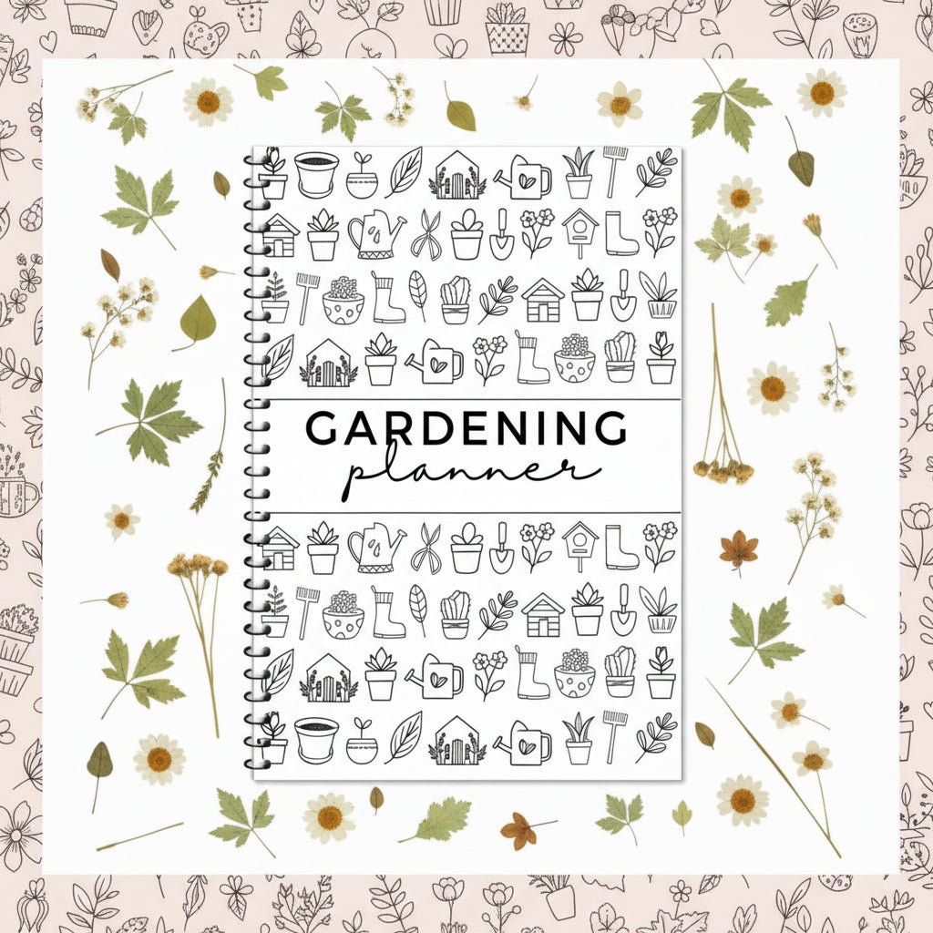 Garden Planner Journal & Plant Care Log Book with Layout Grids Watering Schedule and Budget Tracker with black line art illustrations on the front cover.