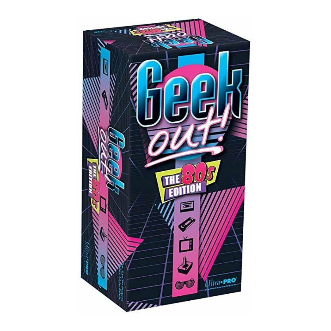 The image displays the packaging of the 'Geek Out! The 80s Edition Trivia Game'. The box is predominantly black and vibrant colors like pink, blue, and yellow are used for graphics and text.