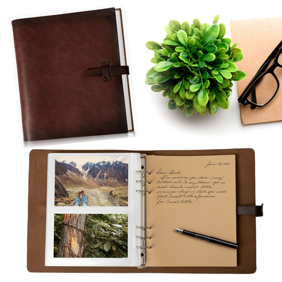 The Genuine Leather Photo Album 4x6 – 200 Photos Scrapbook Journal with Writing Space & Refillable Binder featuring brown leather with open pages showing photos and writing, displayed on a desk.