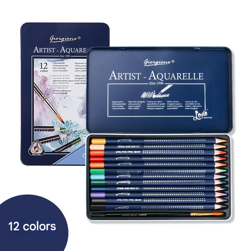 Set of Artist Aquarelle Watercolour pencils in a blue tin with 12 colours displayed.
