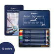 Set of Artist Aquarelle Watercolour pencils in a blue tin with 12 colours displayed.