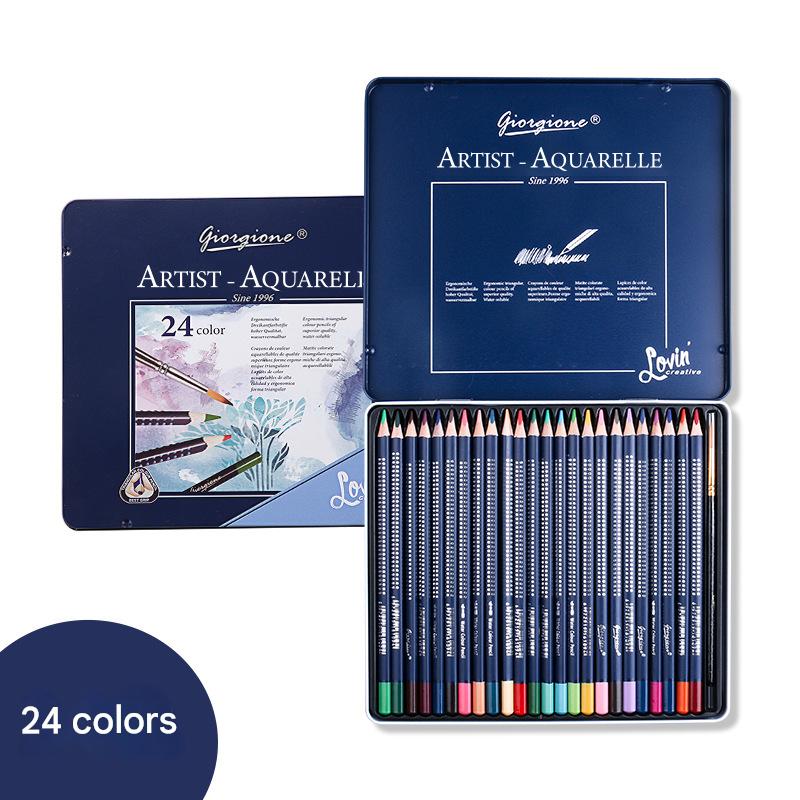 Set of Artist Aquarelle watercolor pencils in a blue tin with 24 colours and brush displayed.