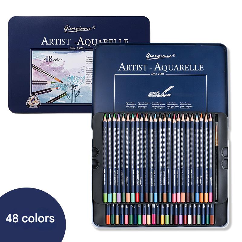 Set of Artist Aquarelle watercolor pencils in a tin with 48 colours and brush displayed.