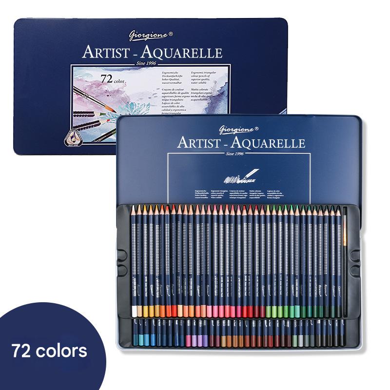 Set of Artist Aquarelle watercolor pencils in a metal case with 72 colours and a brush displayed.