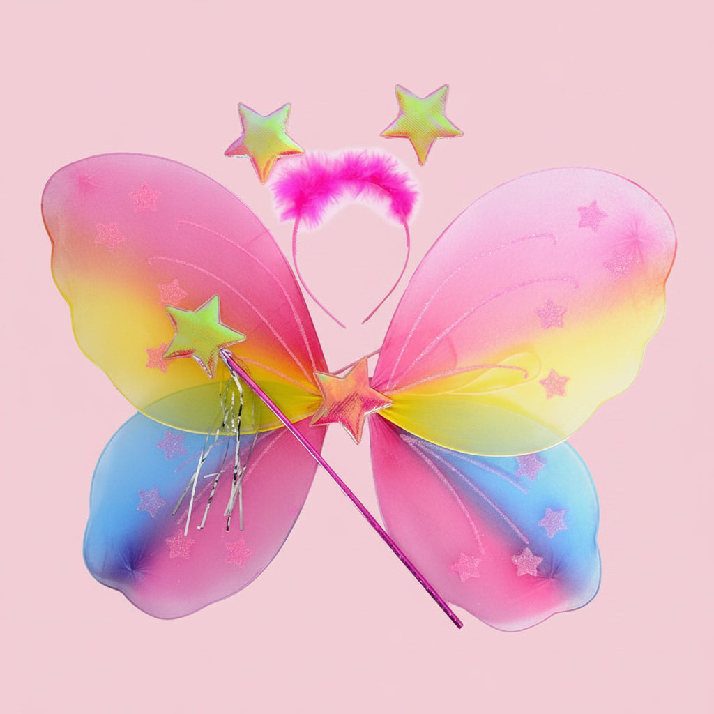 The Girls Rainbow Fairy Wings Costume Set – Butterfly Princess Dress-Up with Wand & Headband