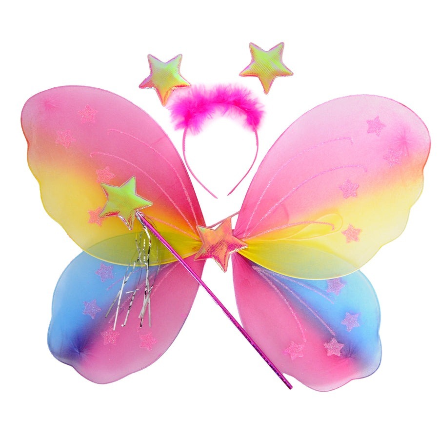 Colourful fairy wings with a wand and headband on a white background