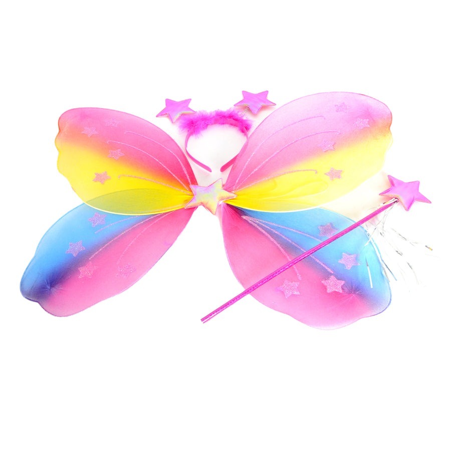 Colourful fairy wings with a headband and wand on a white background