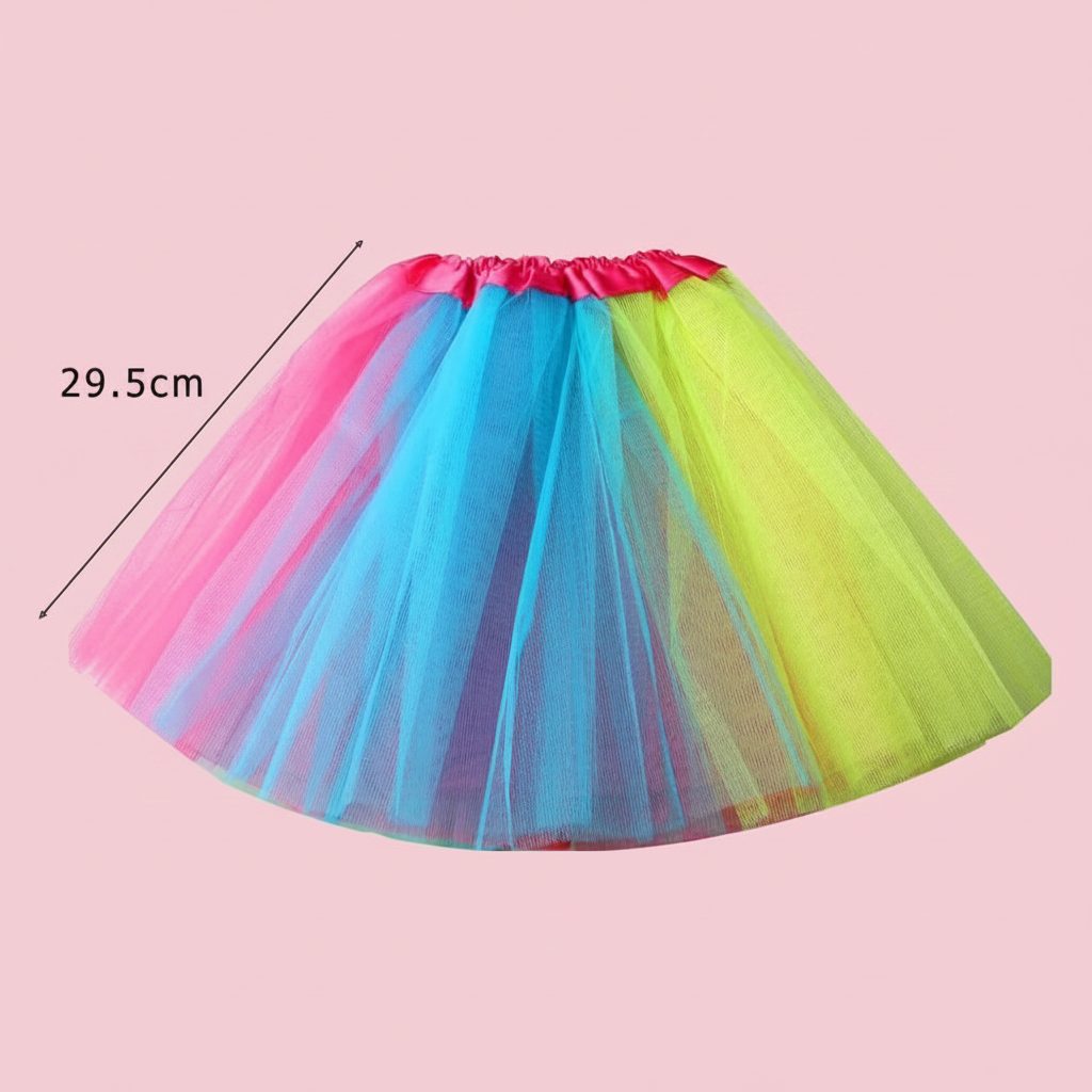 Rainbow tutu skirt with measurement label on a baby pink background