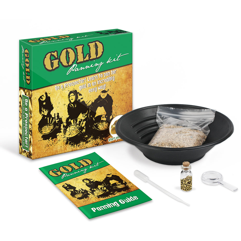 Gold Panning Kit by KAPER KIDZ, displayed with a black gold pan, a sealed bag of play dirt, a magnifying glass, a storage flask, a pipet, and tweezers, against a backdrop of the product packaging.