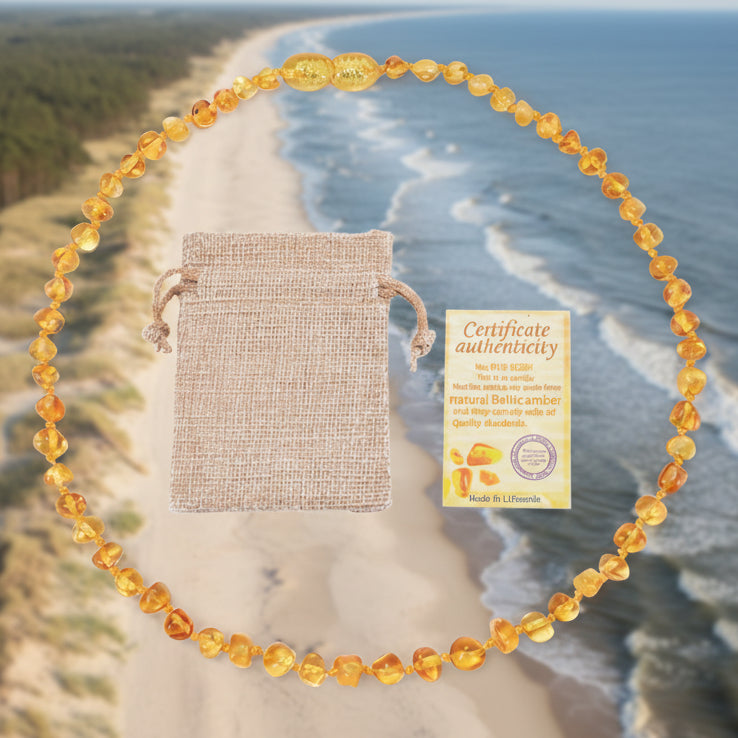 Golden Honey Baltic Amber soothing necklace with a drawstring bag and certificate of authenticity 
