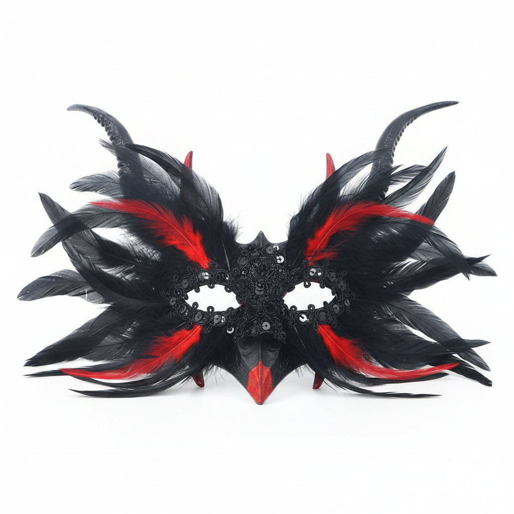 The Gothic Feather Devil Horn Mask – Red & Black Masquerade Costume Mask with Lace Detail