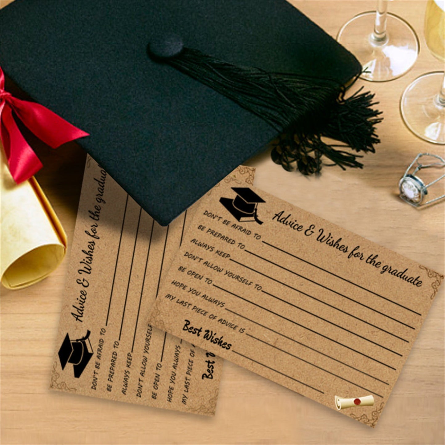 The Graduation Advice & Wishes Cards (10 Pack) – Kraft Fill-In Keepsake Cards for Grad Parties & Celebrations, for the graduate, accompanied by a mortarboard hat and tassel on a wooden surface.