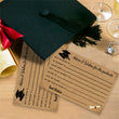 The Graduation Advice & Wishes Cards (10 Pack) – Kraft Fill-In Keepsake Cards for Grad Parties & Celebrations, for the graduate, accompanied by a mortarboard hat and tassel on a wooden surface.