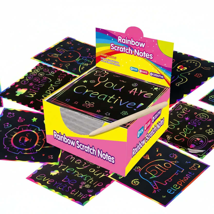 The Green Rainbow Scratch Art Paper Notes 200 Sheets – 2 Pack Kids DIY Drawing Kit with Wooden Styluses, featuring a box of Rainbow Scratch Notes with colourful designs on black background