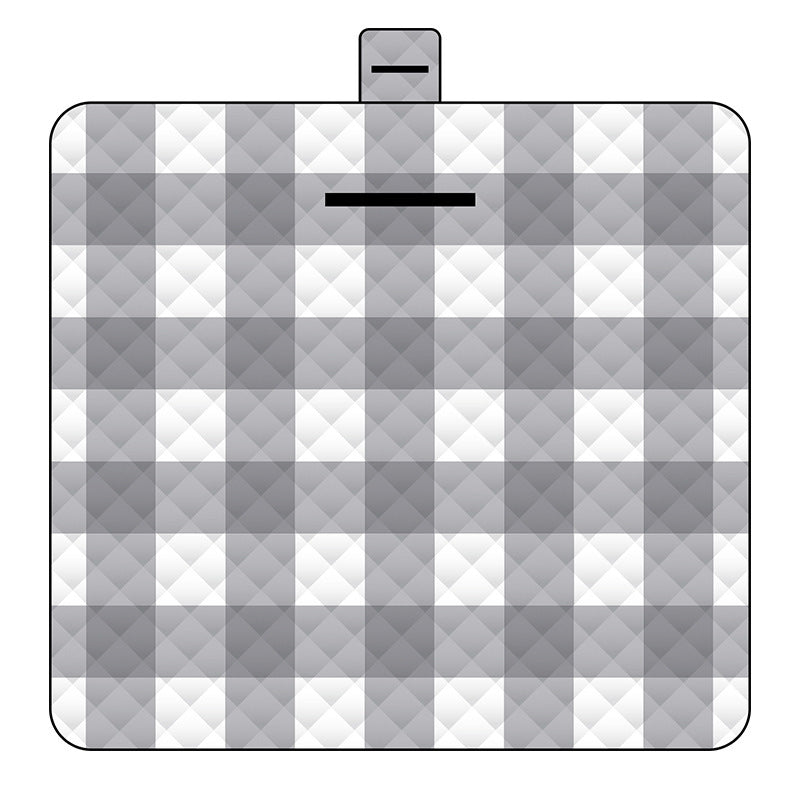 Gray and white checkered picnic blanket with a carrying handle on a white background