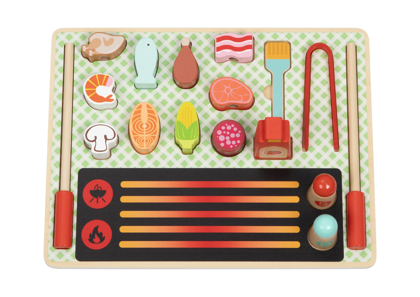 A wooden Grill Play Set with various wooden cookware and food pieces, designed for children's pretend play.