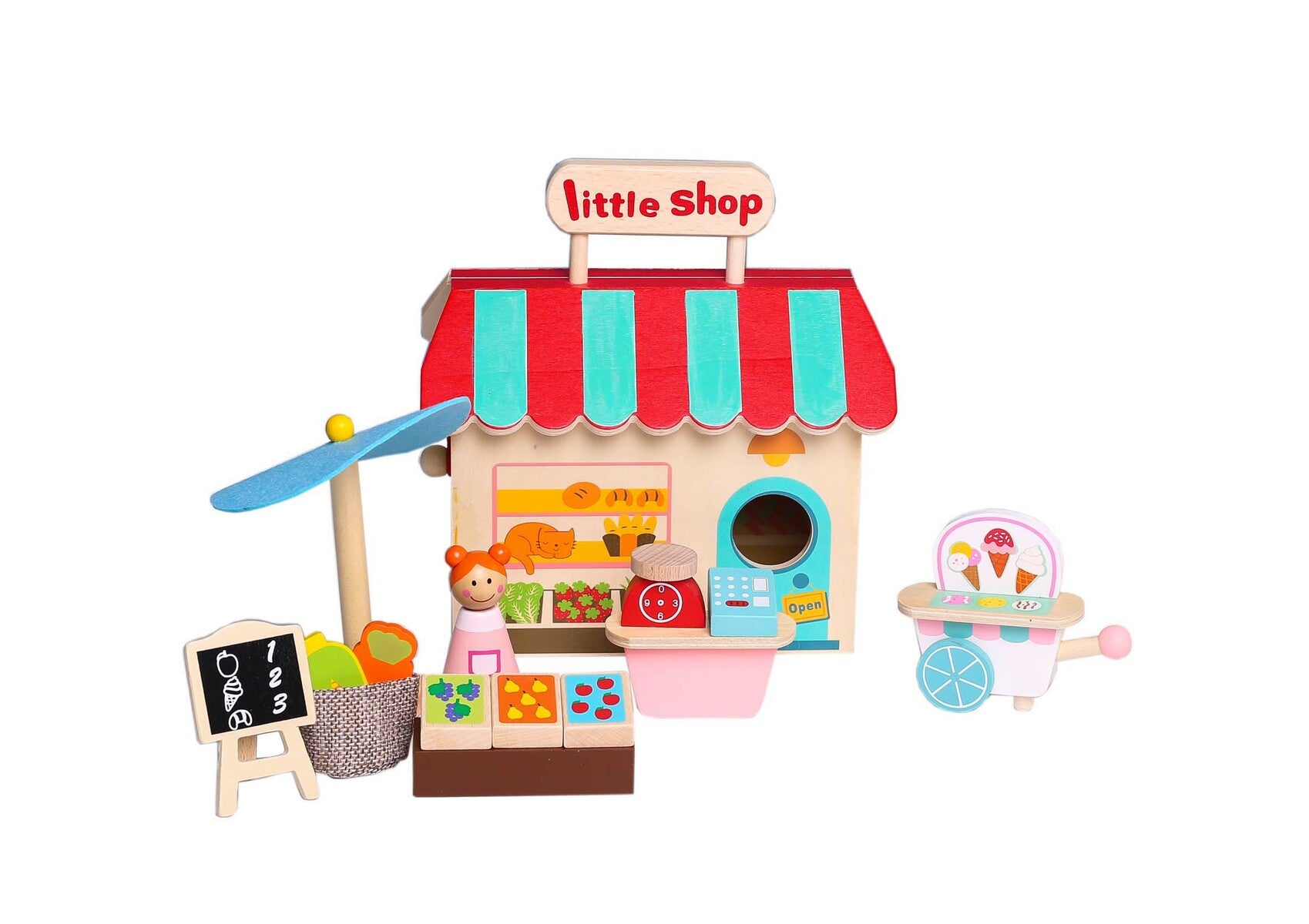 Miniature wooden grocery store with carry house playset with accessories, including an ice cream cart, cashier desk, sunshade, and fruit and vegetable stand.