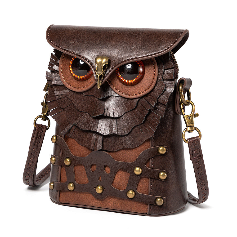 Handcrafted Owl Crossbody Shoulder Bag – Compact Retro Statement Design, Cruelty-Free PU Leather (Brown), featuring a brown owl-shaped handbag with a detailed design on a white background