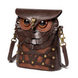 Handcrafted Owl Crossbody Shoulder Bag – Compact Retro Statement Design, Cruelty-Free PU Leather (Brown), featuring a brown owl-shaped handbag with a detailed design on a white background