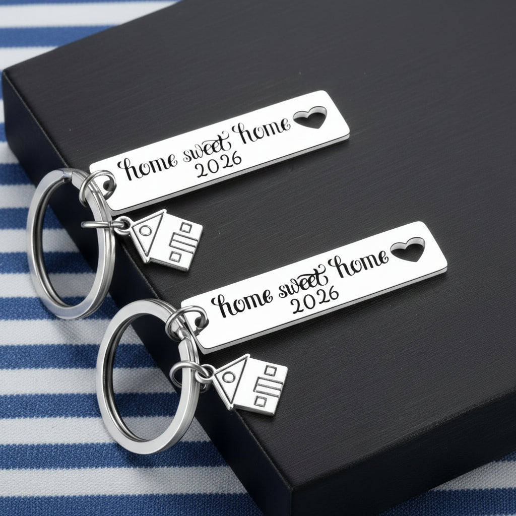 Home Sweet Home 2026 Keychain Set (2 Pack) – New Home Housewarming Gift for First Home & Homeowners displayed on a black box