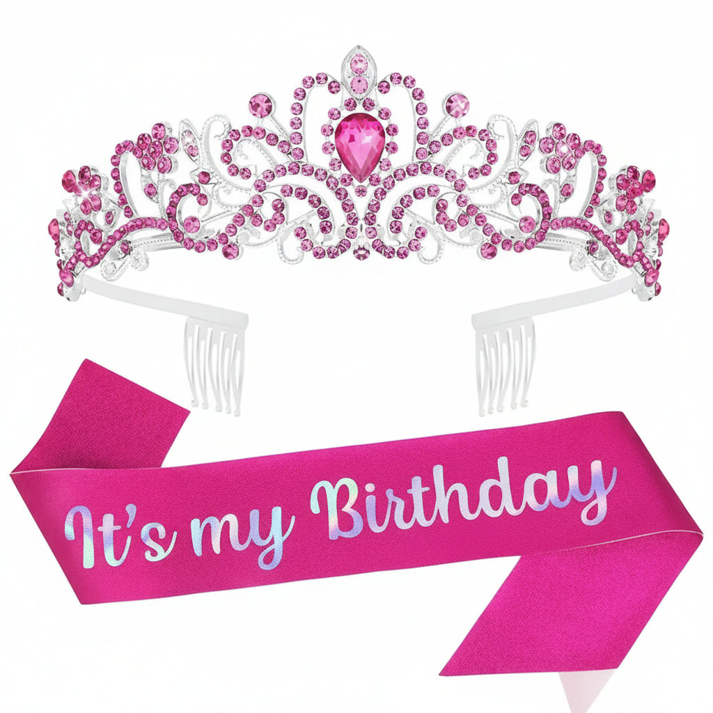 The Hot Pink Birthday Tiara & Sash Set – “It’s My Birthday” Rhinestone Crown for Women & Girls Party Accessory