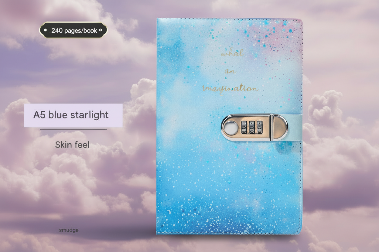 Blue tie-dye starlight journal with a combination lock on a cloudy sky background