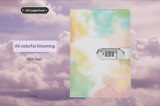Colourful blooming tie-dye journal with a lock on a cloudy sky background
