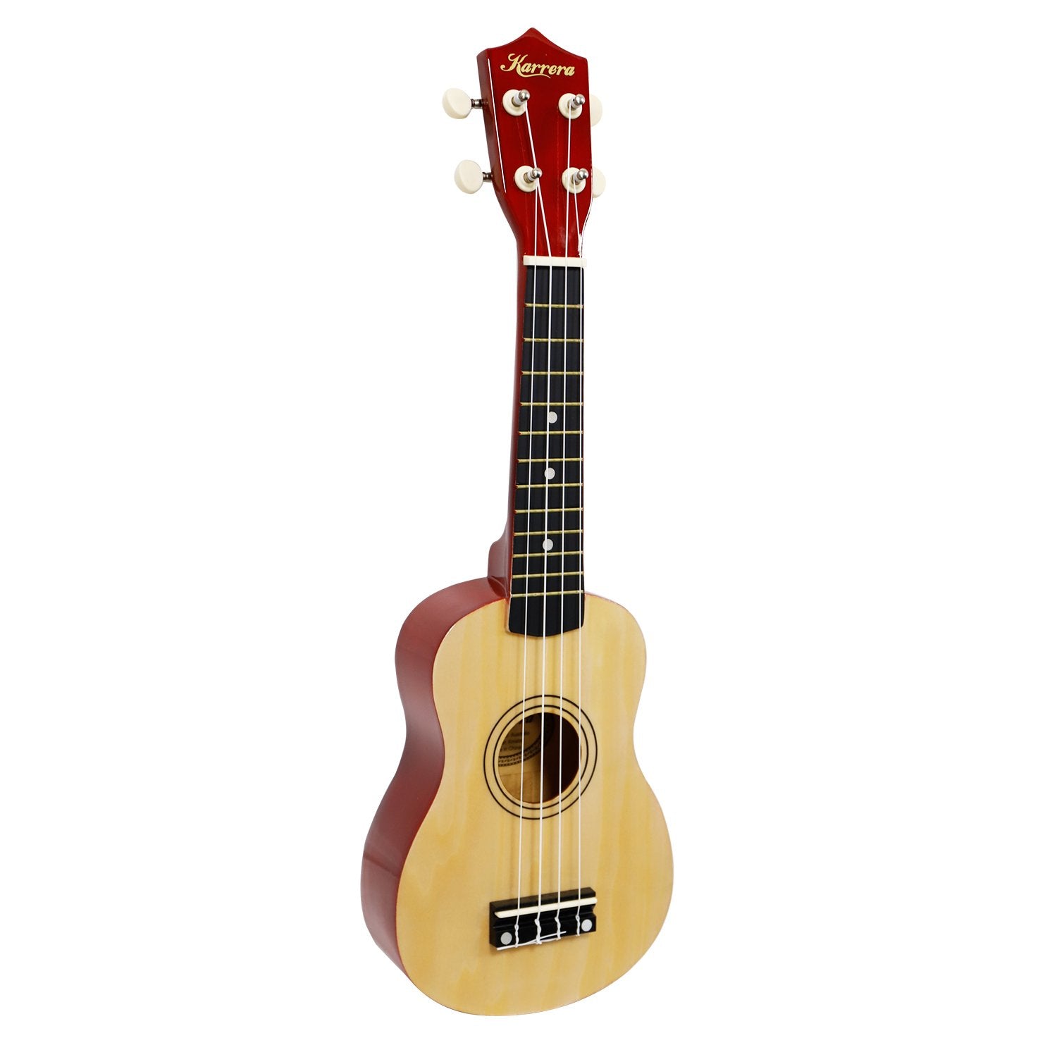 Karrera 21-inch Ukulele in a natural finish with a red and black colour scheme, featuring a high gloss finish and nylon strings.