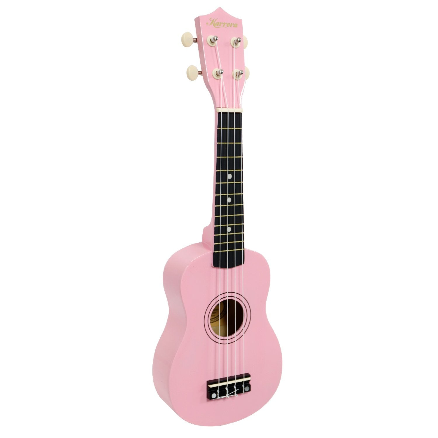 A pink Karrera 21-inch ukulele with a high gloss finish, nylon strings, and worm-drive geared tuners.